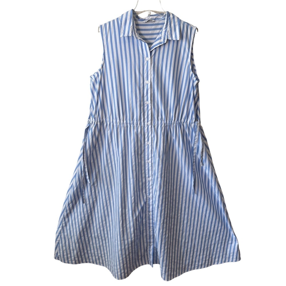 Blue White Striped Sleeveless Button Front Drawstring Midi Dress XL Coastal